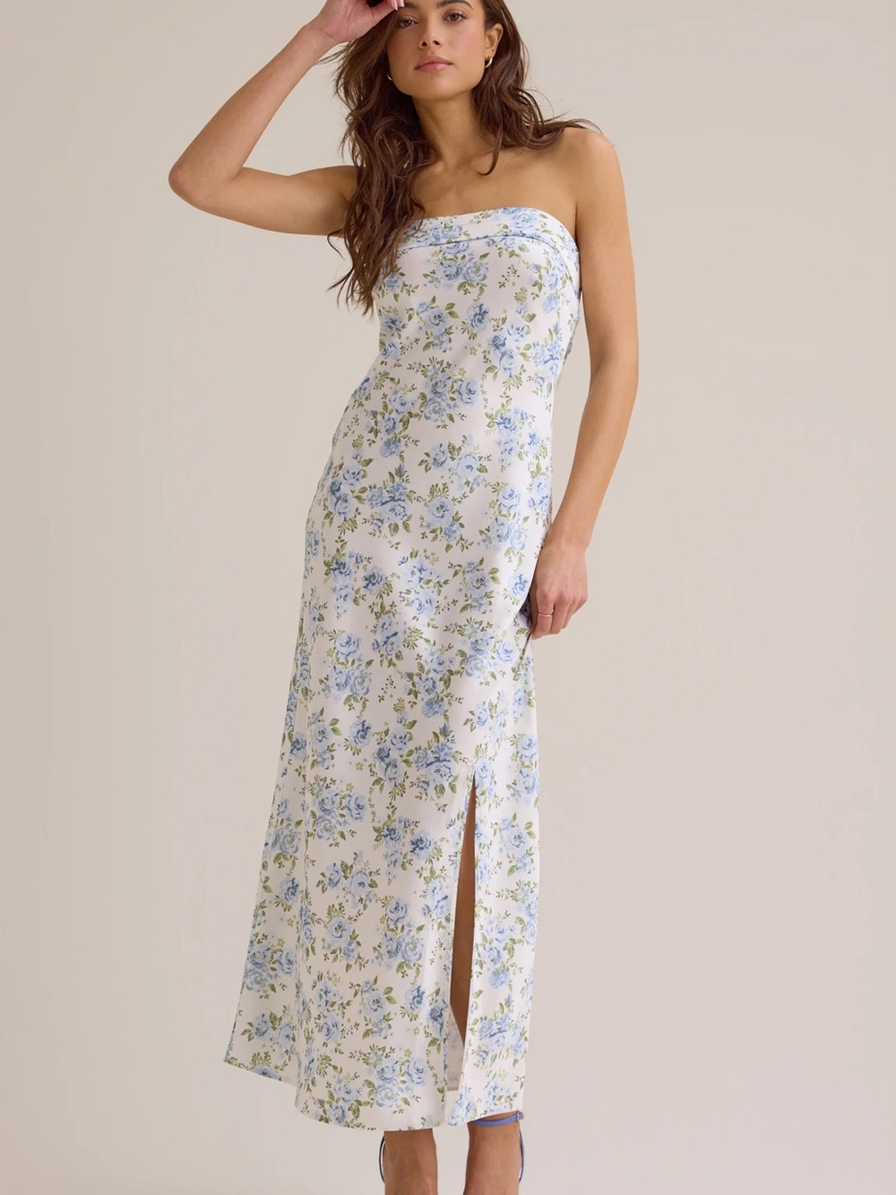 Altar'd State Strapless White Floral Slip Dress with Blue Roses - Picture 1 of 4